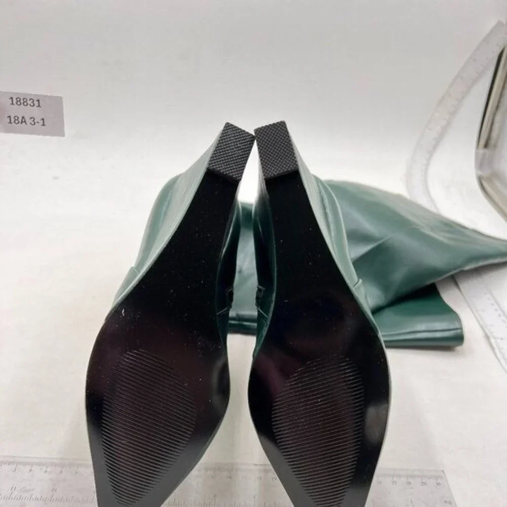 miss left Women Wide Calf Knee High Boots Pointed Toe Wedge High Heels Green